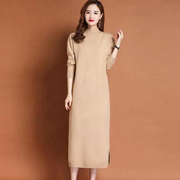 Elegant Autumn Knit Sweater Dress for Women Casual Solid Color Long Maxi Dress