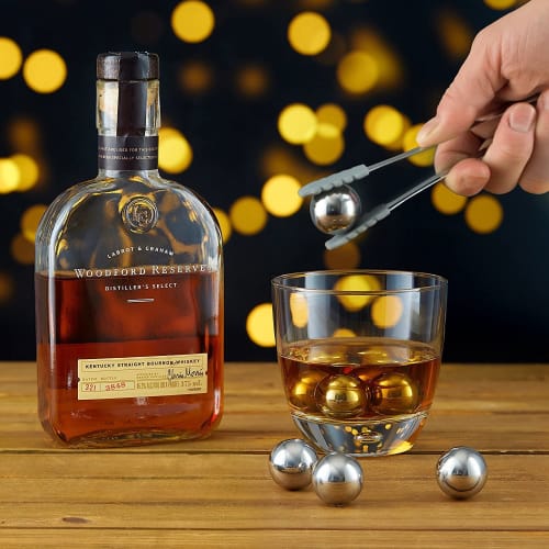 Set of 4 Round Whiskey Stones, 25mm Round, Reusable Stainless Steel Ice Cubes, Golf Balls, Whiskey Stones, Metal Ice Balls, Scotch Gift Set for Red Wi