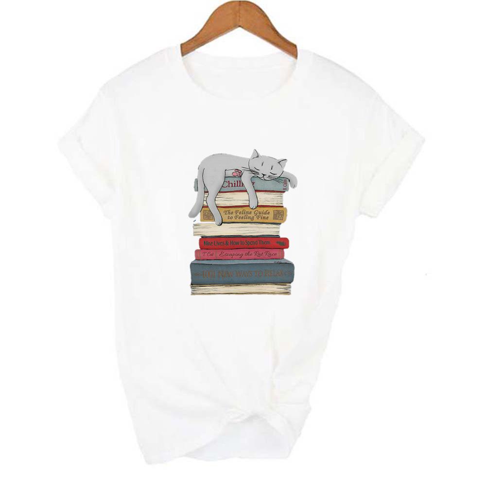 Sleeping Cat And Book Graphic Tees Women Harajuku Summer Short Sleeve T Shirt Streetwear Tumblr Female