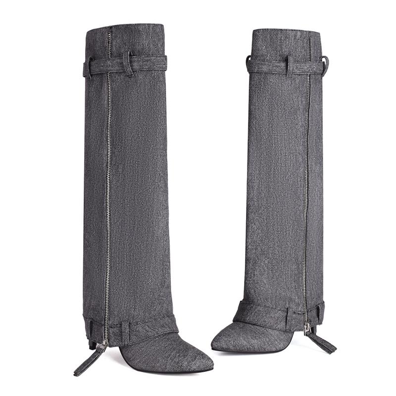 

Модные синие джинсы, высокие сапоги до колена, женские, с отворотом, на молнии, высокие сапоги для женщин, зимняя весна, вечерние, длинные, танцевальные туфли, большой размер 39 чёрный