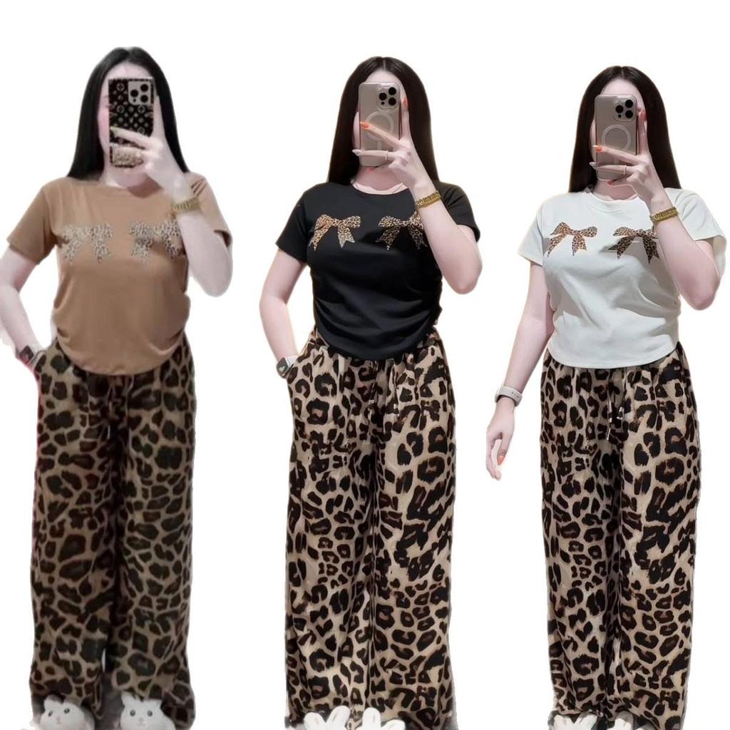 Southeast Asian Women's Summer Leopard Print T-shirt & Wide-Leg Pants Two-Piece Set
