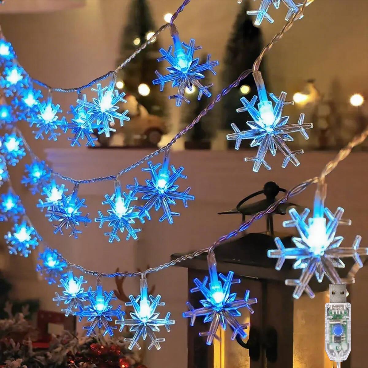 

1PC USB Powered 80 LED Snowflake String Lights 8 Modes LED Curtain Lights For Home Window Christmas Holiday Festival Decoration 10M80LED синий