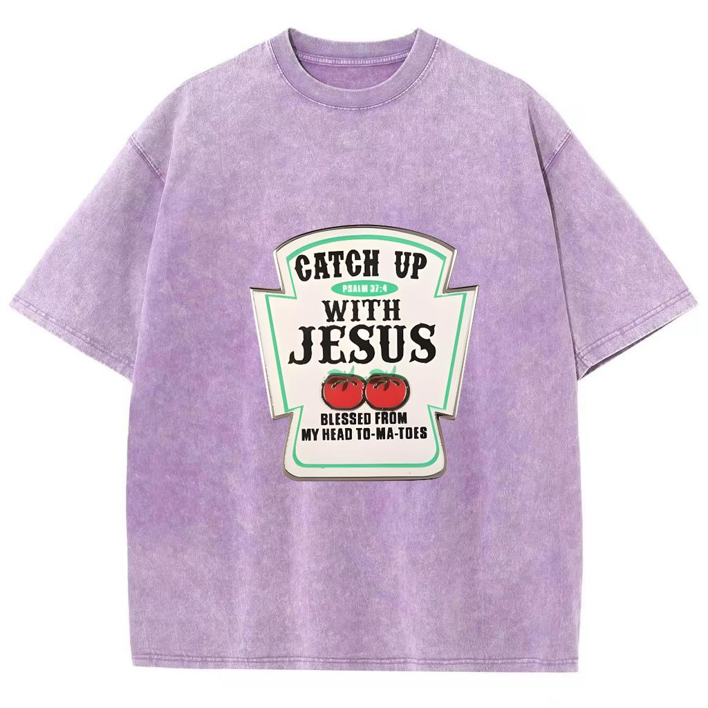 Jesus Letter Print Women's Wash T-Shirt Oversized Loose Unisex Half Sleeve American Retro Minimalist Top