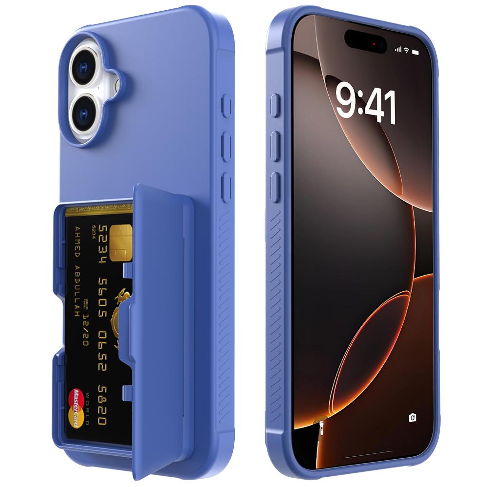 

For iPhone 16 Case with Card Holder/Mirror/Kickstand TPU+PC Phone Back Cover Dark Blue