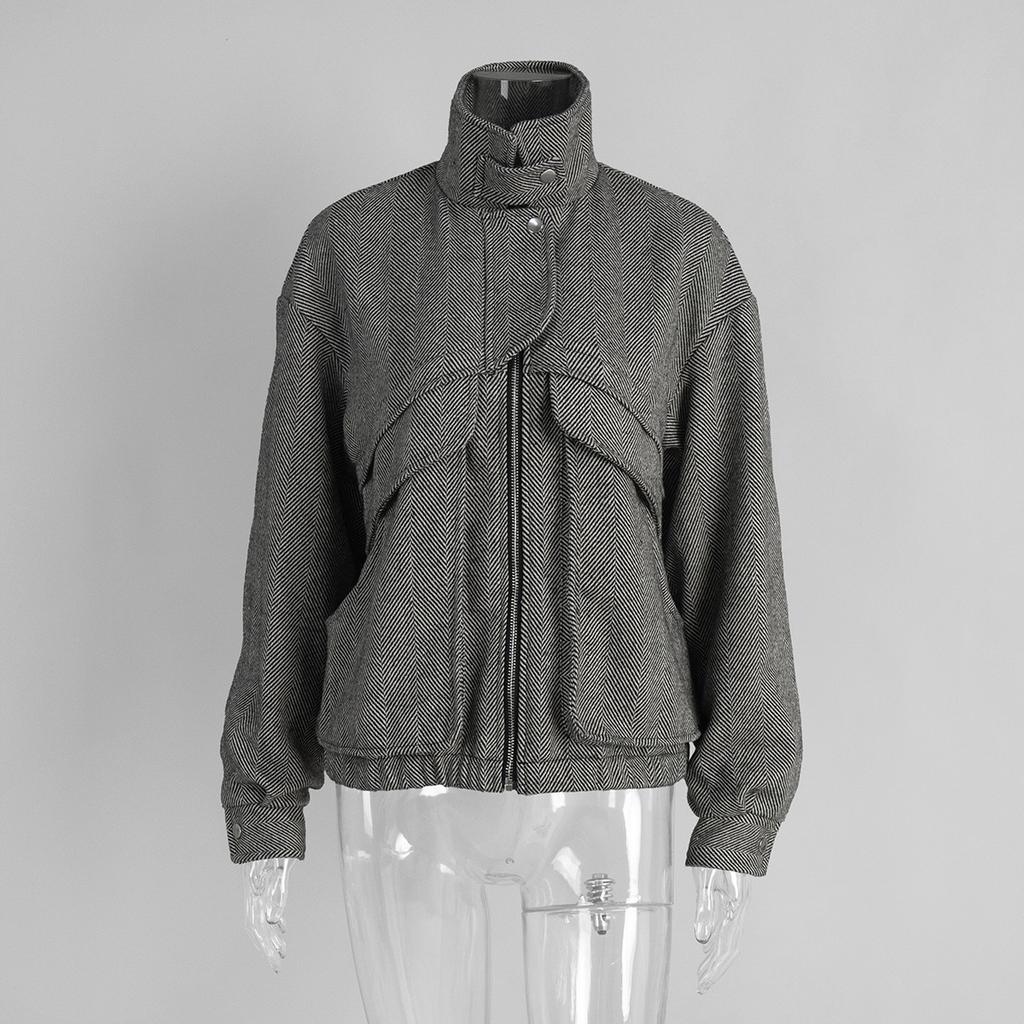 Women Loose Stand Collar Zipper Pocket Herringbone Long Sleeve Jacket Coat