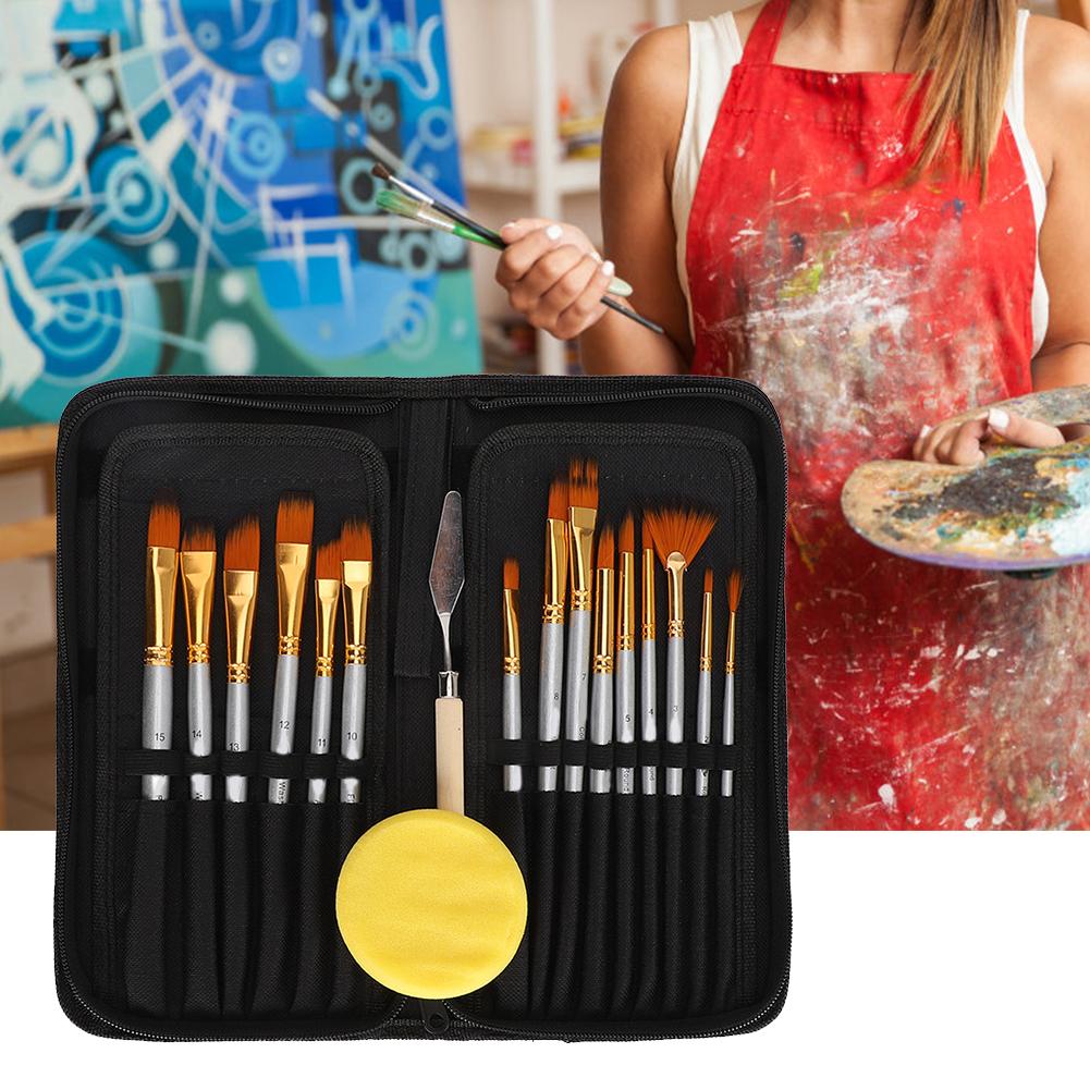 17Pcs Painting Brush Set Acrylic Professional Silver Round Rod Nylon Wool Art