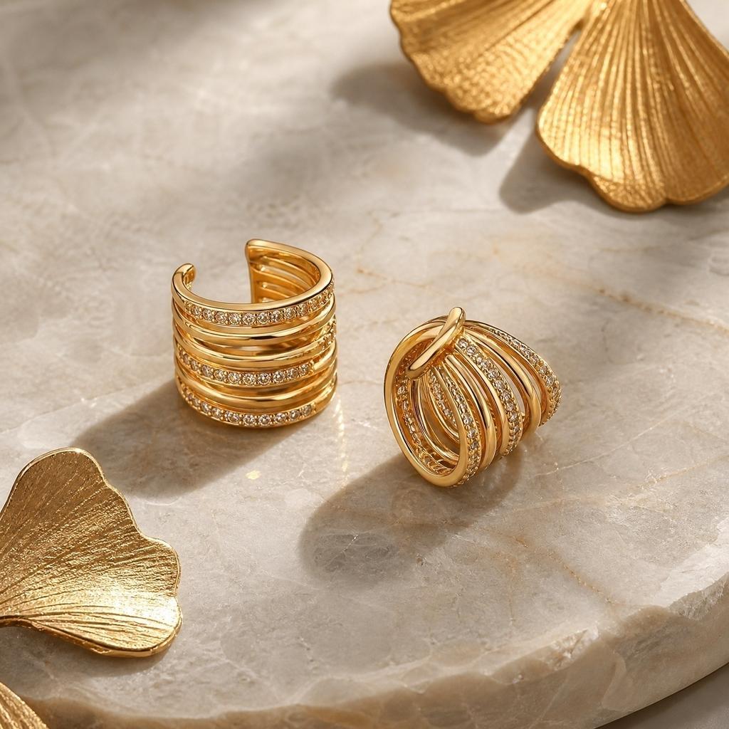 Multi-Layer Stacked Ear Cuff Clip On Earrings Adjustable Fit with Embedded Zircon Stones for Stylish Layered Look without Piercing