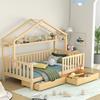 Children's bed in wood color, house bed with drawers, solid wood with slatted frame, pine, youth room, 90x200, natural [OLD SKU:3226890AAW]