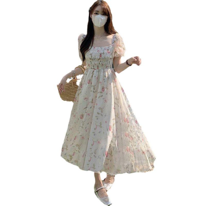 2024 Dámské letní sladké květinové šaty s jedním ramenem, slim fit, dlouhé, s balónkovými krátkými rukávy