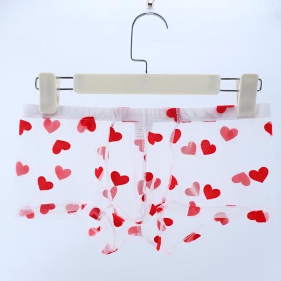 Men Boxer Underwear Elastic Mid-rise Perspective Hollow Mesh Design Boxer Briefs Heart Pattern Underwear Anniversary Gift