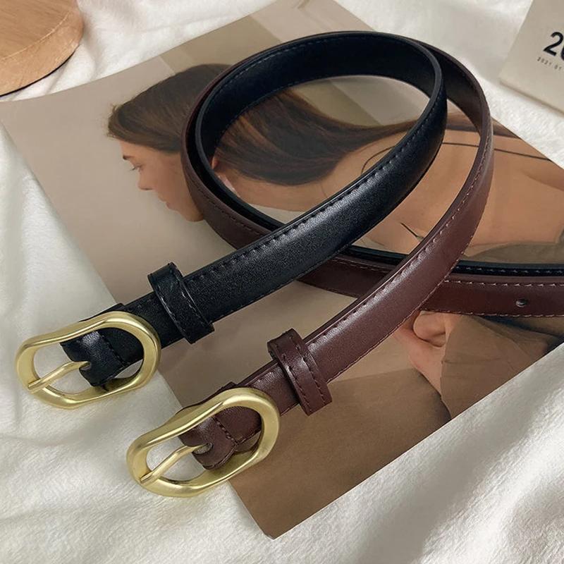 Women Metal Oval Pin Buckle Belt Fashion PU Leather Long Thin Adjustable Waistband Chic Jeans Pants Decorative Girdle Strap