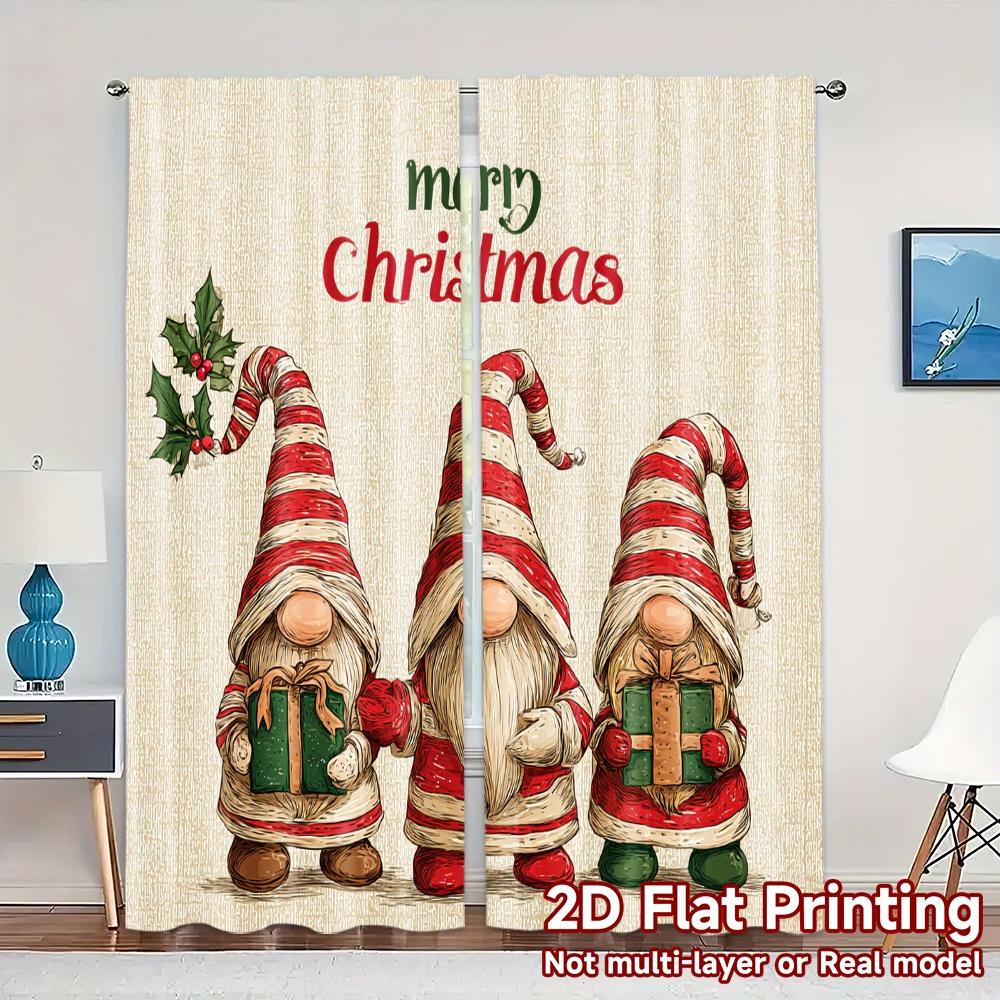 

Flat Printing Jit Curtains Without Rod Festivegnomes Print Popular Versatile Fabric Decorations Curtain Set Of 2 Made Polyester Washable W100*H70(CM)-Hooks&2PCS