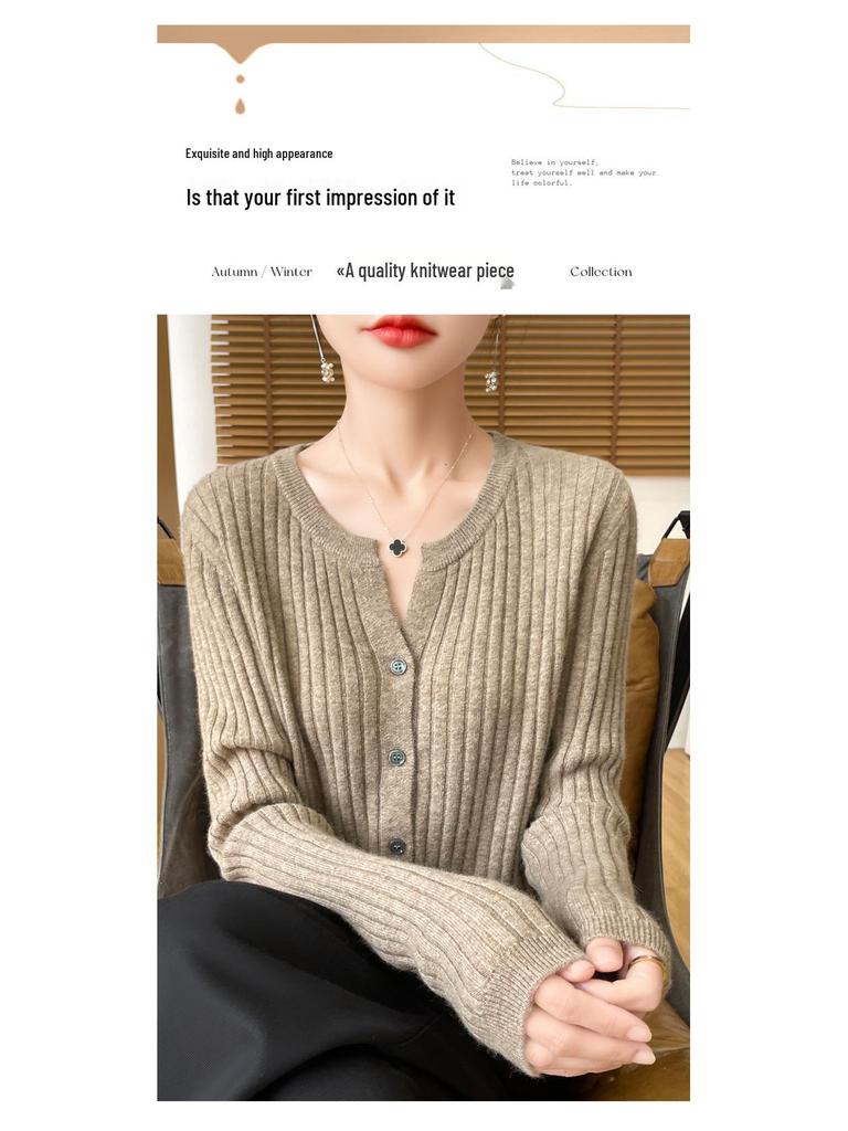 Autumn Korean Slimming V-Neck Wool Cardigan - Women's Long Sleeve Loose Fit