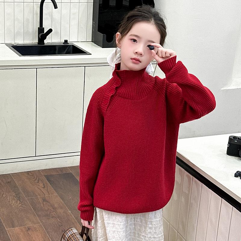 

Girls High Neck Red Knitted Sweater - Big Kids Korean Style with Three Buttons for Autumn/Winter. 140 cm красный