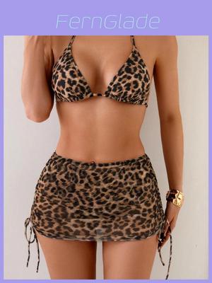 Leopard Print Bikini Set With Polyester Fabric And Padded Hanging Neck For Water Sports