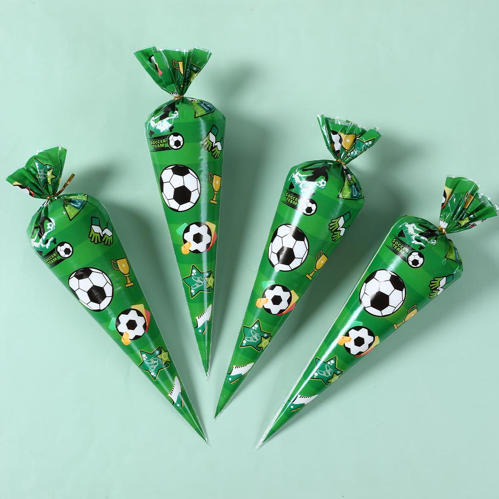 50pcs Football Theme Party Favors Cone Candy Bags Soccer Plastic Gift Packaging Bags Boy Kids Birthday Party Decoration Supplies