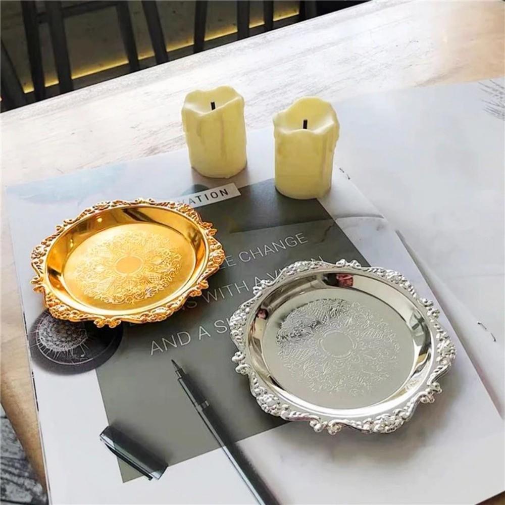 Golden Silver Cake Tray Round Dinner Serving Tray Retro Fruit Snack Plate  Party Decorative
