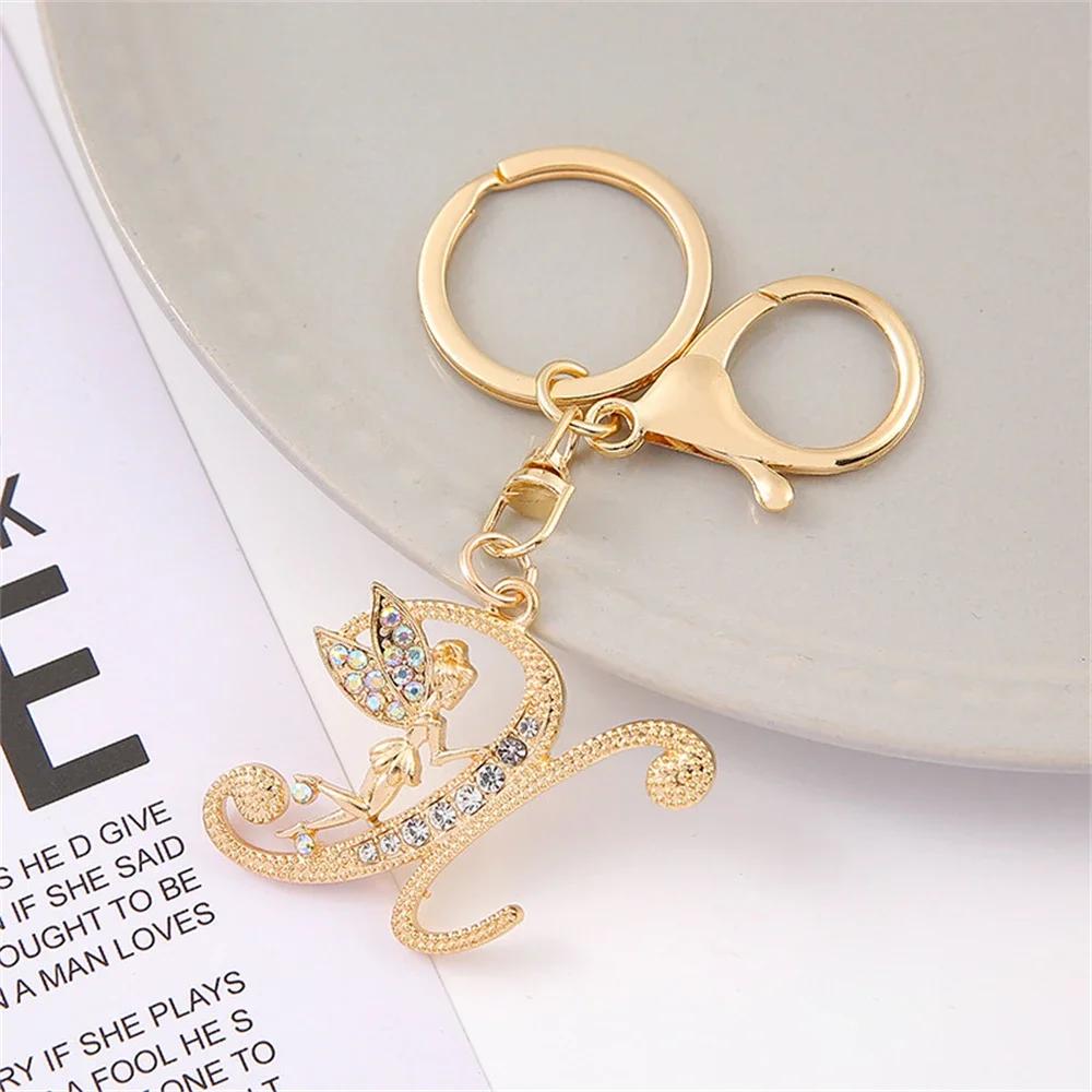 A-Z Rhinestone Elf Girl Letter Keychain Gold Color Initial Name Keyrings Girls Car Key Holder Handbag Purse Charms Decoration
