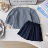 Mädchen Retro Karobluse & Plisseerock Set für Herbst und Frühling