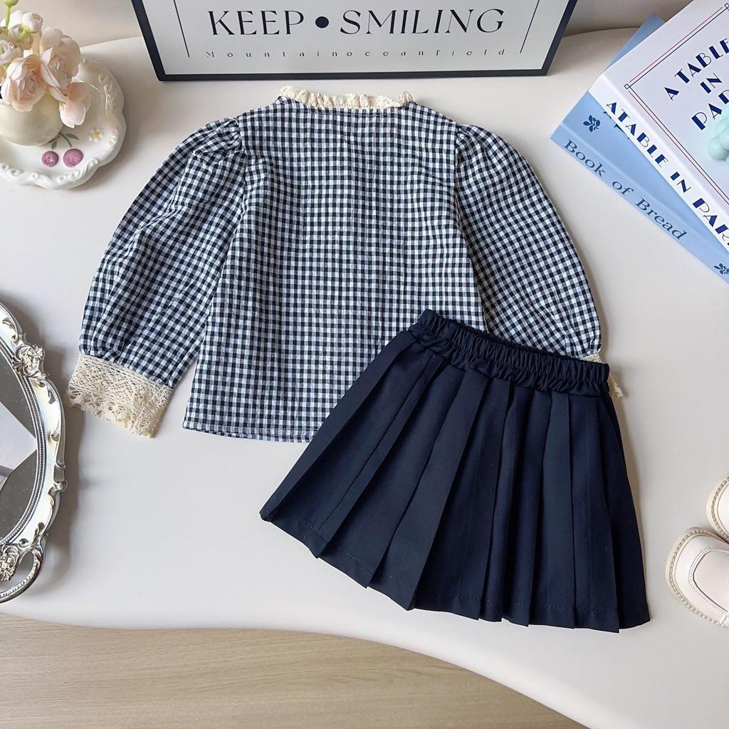 Mädchen Retro Karobluse & Plisseerock Set für Herbst und Frühling