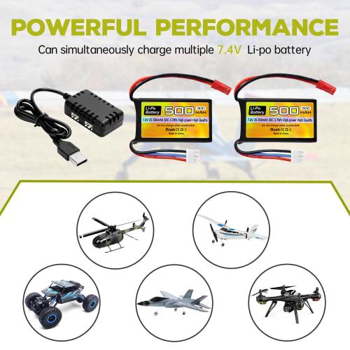 2PCS 7.4V 500mAh 30C Lithium Batteries with JST-2P Plug for Remote Control Helicopters, 4-Axis Airplanes, Small Aircraft, FPV Racer Drones, RC Cars, T
