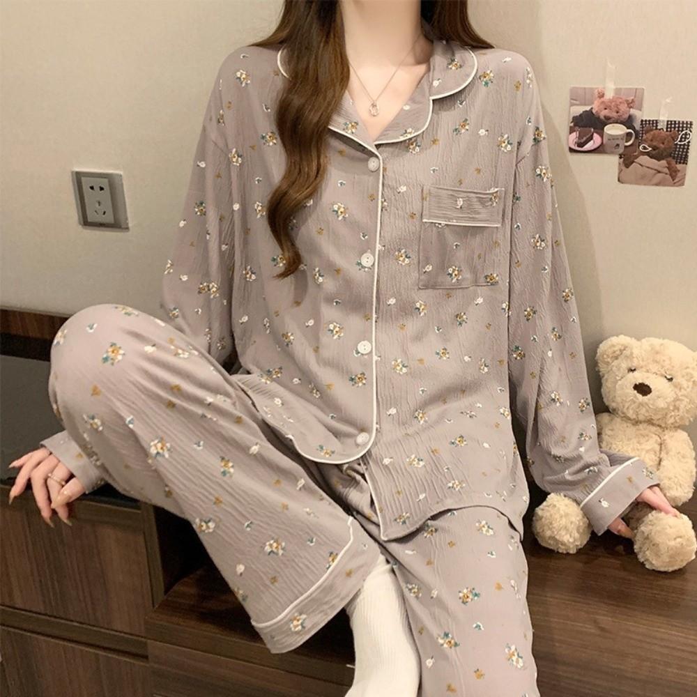 Bear Long Pajama Set Bow Lady Nightwear Suit Comfortable Women's Loungewear Female