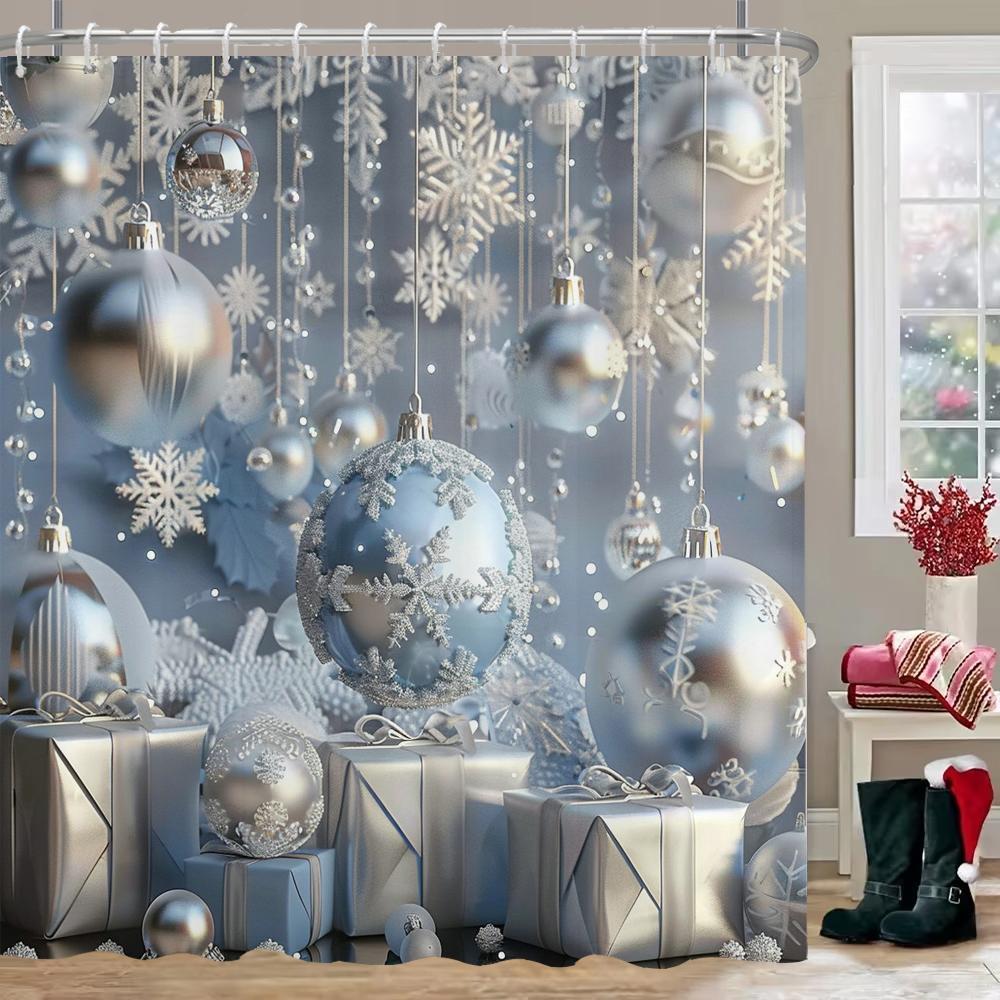 Merry Christmas Tree Bell Print Bathing Curtain Bathroom Shower Curtain,Home holiday Decorative Christmas Curtain with Hooks