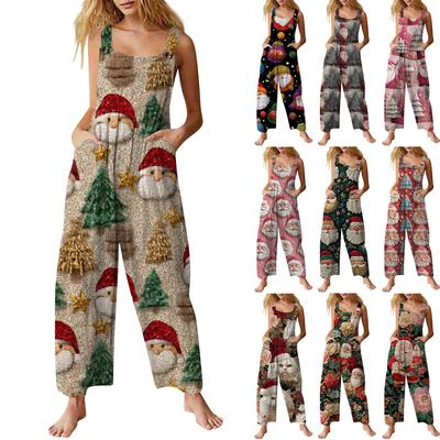 Damen Casual Jumpsuit Ärmellos Weihnachten Bedruckt Baumwolljumpsuit