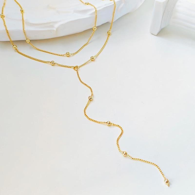 Lariat Gold Necklace for Women, 14k Gold Plated/Stainless Steel Silver Y-Shaped Pendant Trendy Beaded Chain Drop Necklaces Gifts