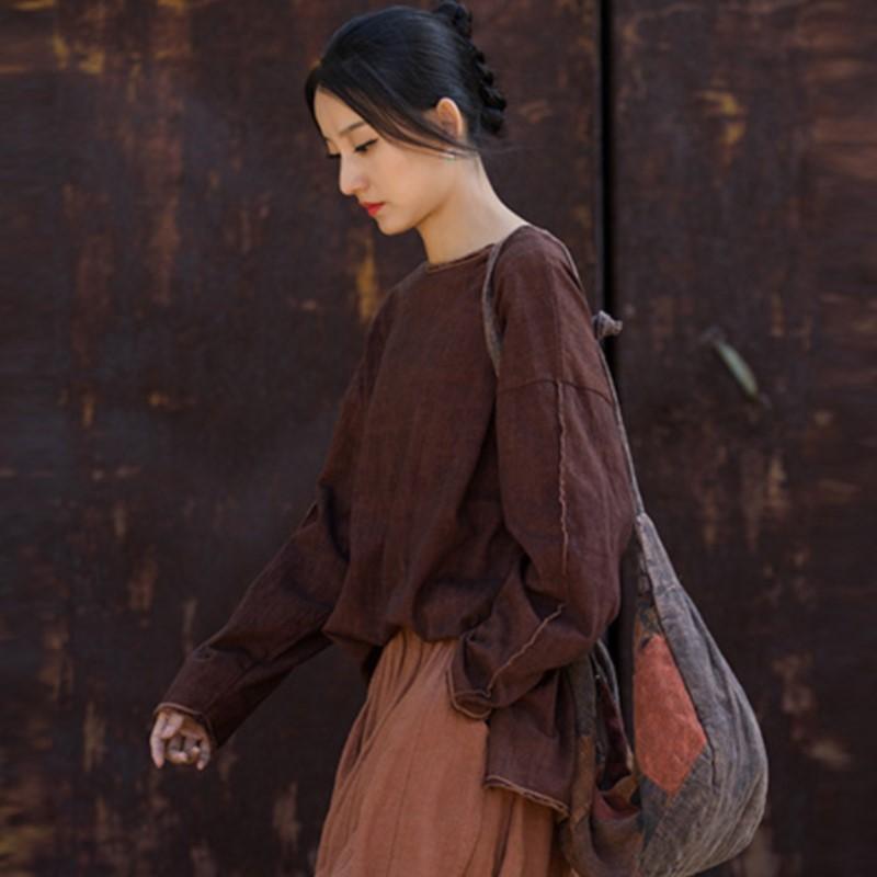 

Johnature женские винтажные хлопковые лоскутные футболки с круглым вырезом и длинными рукавами, осенние футболки, свободные женские футболки One Size темно-фиолетового