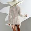 Beach Smock, Cut-out Knitted Skirt, Long-sleeved, Versatile, Sun-protective Solid Color Fringed Dress, Sheer and Simple Style
