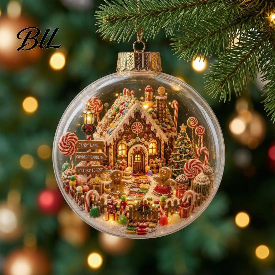 Indoor Holiday Decorations Glowing Christmas Story Ornament, Mini Scene In Ball Hanging Decoration, Xmas Tree Ornaments Light Up Acrylic Clear Pendant