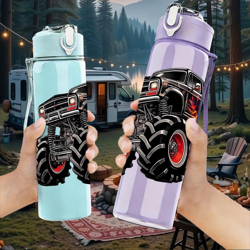 1PC Monster Truck Big Wheel Offroad Print 750ml Color Plastic Sports Water Bottle Leakproof Flip Straw Lid Suitable for Sports Office Home Use