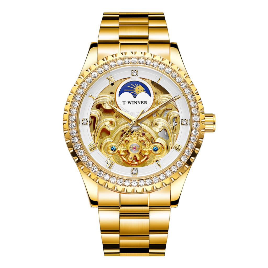 Luxury Men's Gold Case Mechanical Watch with Moon Phase Stainless Steel Strap Waterproof Automatic Wristwatch for Male Fashion