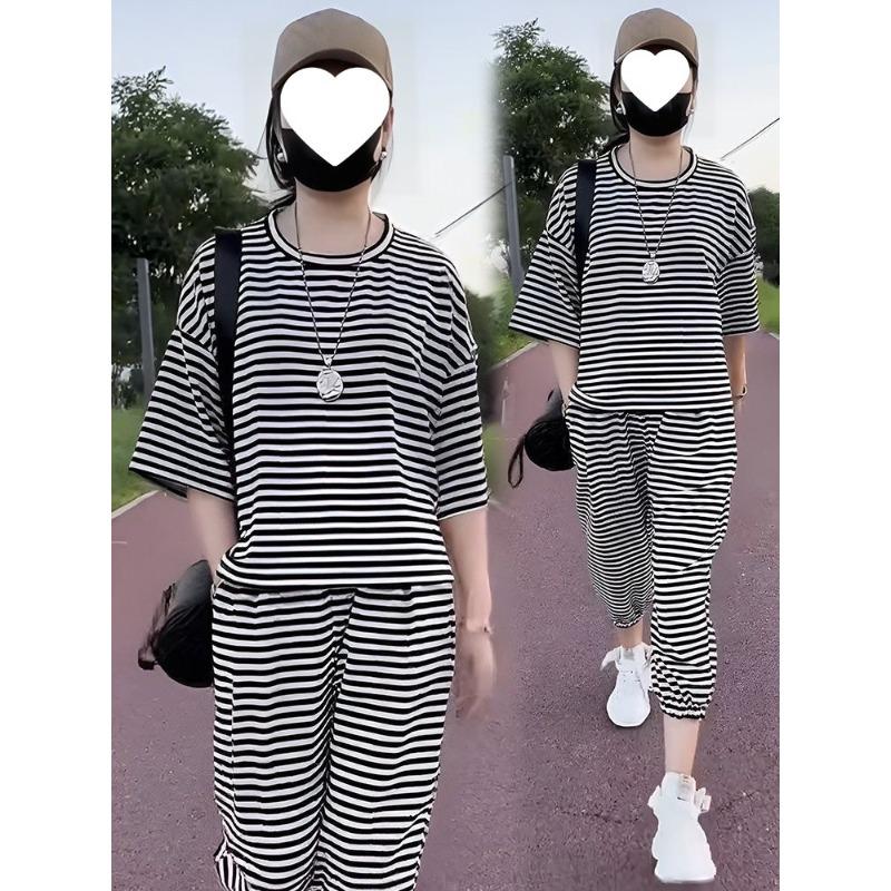 Летний Спортивный Повседневный Женский Наряд - Стильный, Омолаживающий, Свободный, Стройнящий и Стройнящий Комплект из Двух Предметов с Узором 4XL