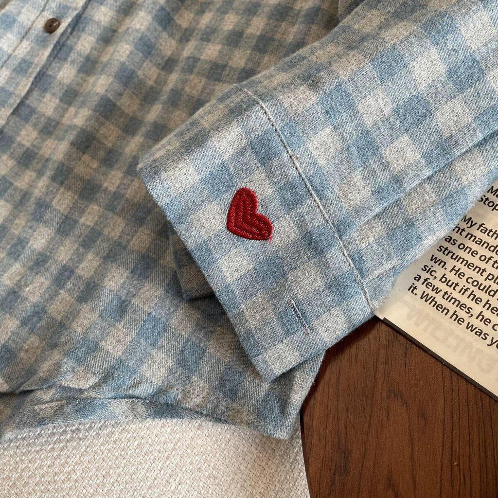 Big Brand Plaid Flannel Shirt with Heart Embroidery & Contrasting Buttons