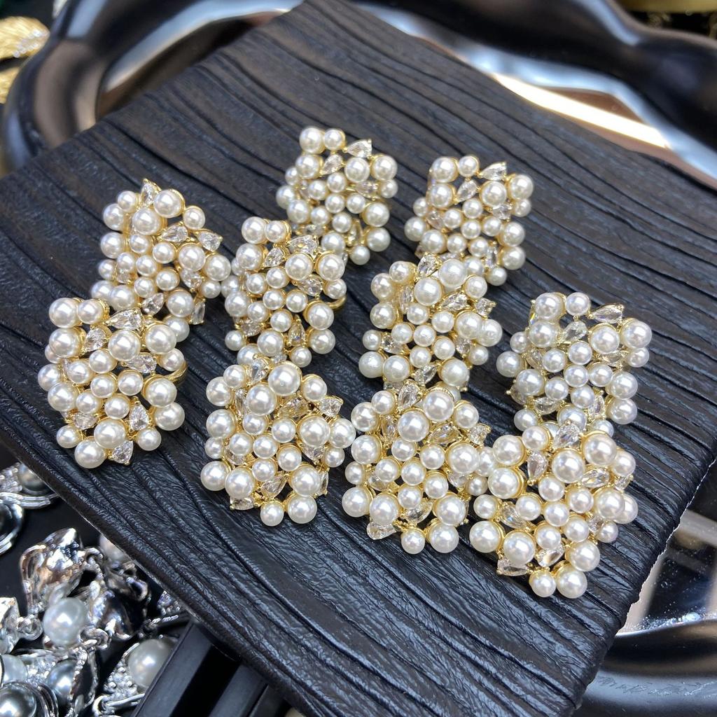 Temperament Elegant Light Luxury Geometric Wide-sided Rhinestone Open Ring Dense Row Inlaid Zircon Pearl Ring Ring Ring