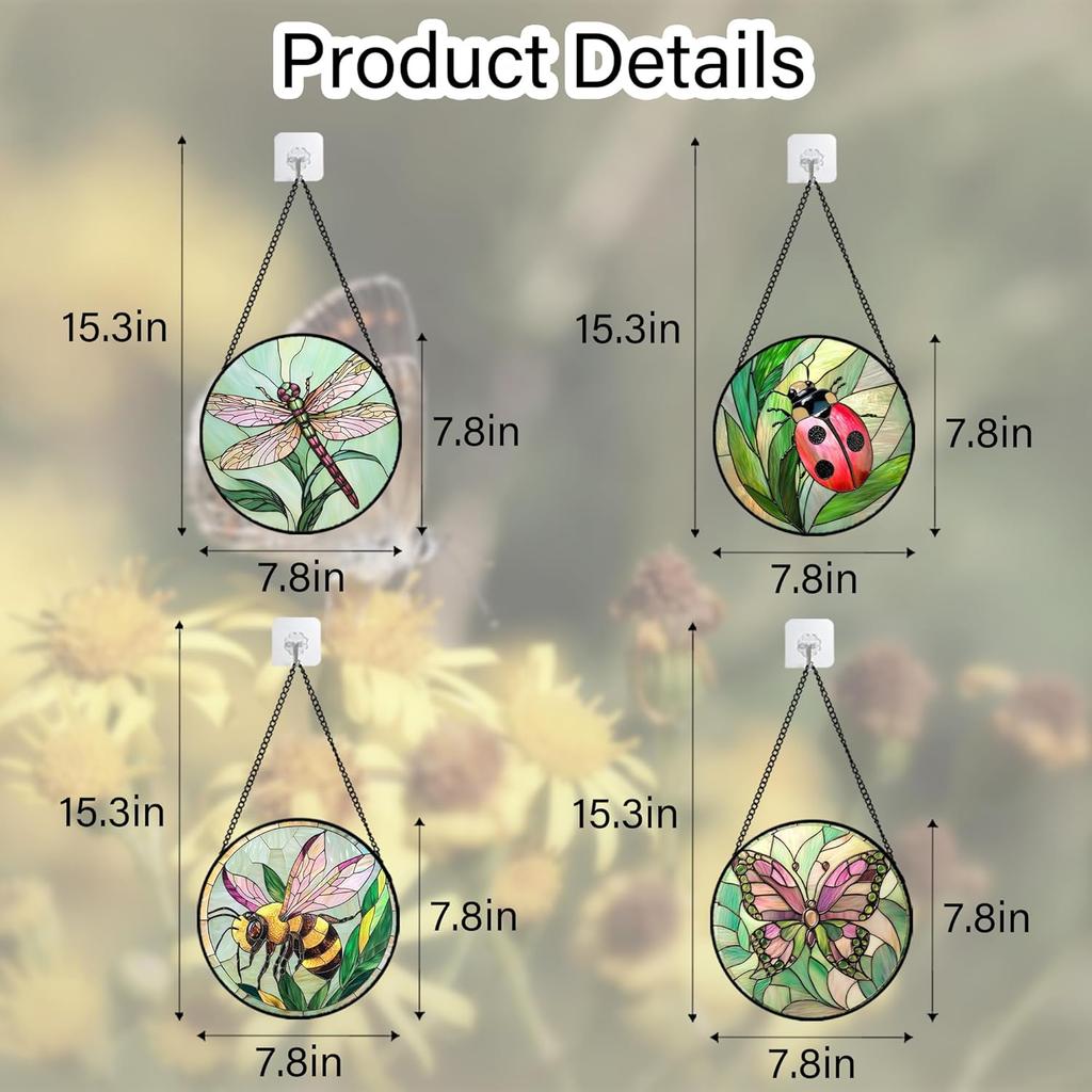 Stained Glass Window Hanging Pink Green Insect Theme Butterfly Suncatcher Door Garden Sun Catcher Decor Birthday Christmas for Mom Woman Nana Men