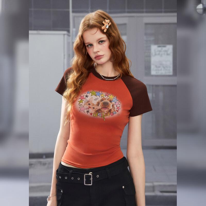 UNIFREE Cute Pet Print Color Block Slim T-Shirt