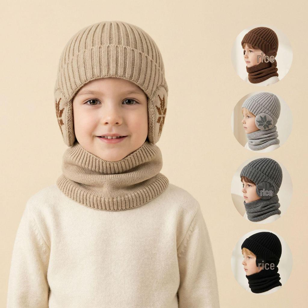 Children's Winter Snowflake Earmuffs and Scarf Set - Fleece-Lined, Thick Knit for Outdoor Cycling