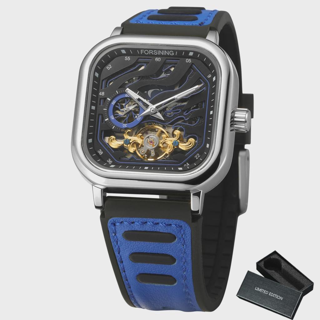 Forsining Fashion Mechanical Watch for Men Square Tourbillon Skeleton Automatic Watches Leather Rubber Strap Sports Wristwatches