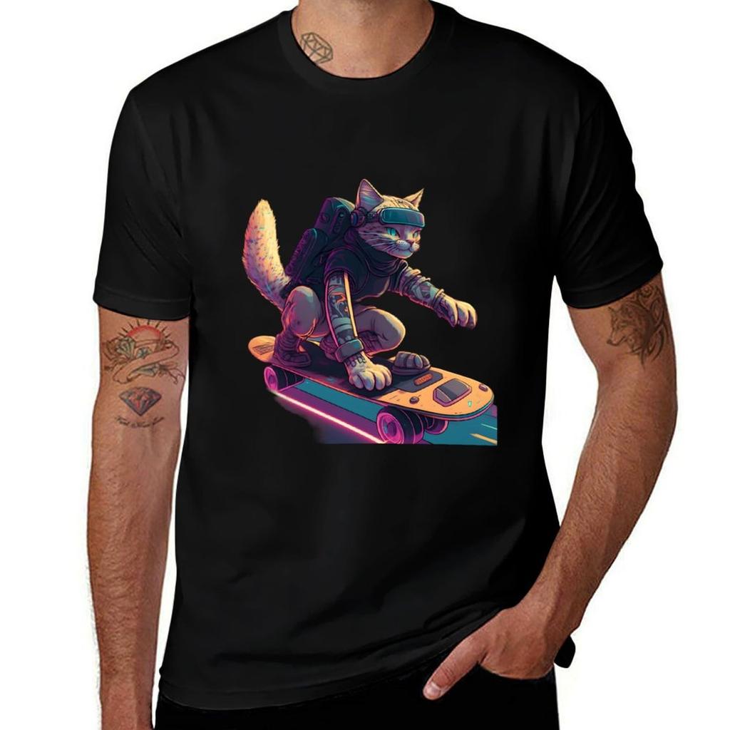 Cat Riding Skateboard Tshirt Comfortable Workout Short Sleeve Shirt