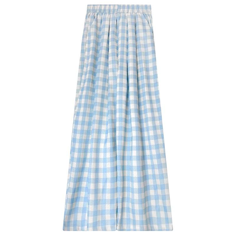 Damen Blaue Karomuster High-Waist Weitbein Petite Hose - Frühling/Sommer 2025 Kollektion