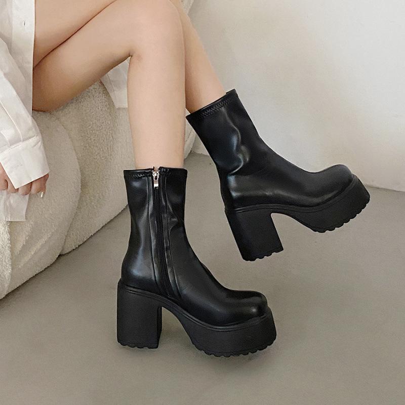 Z Schwarze Plateau-Stiefeletten für Damen (Petite) - Dicker Absatz, Schlankmachend, Hoher Absatz mit Seitenreißverschluss für Herbst und Winter 2025