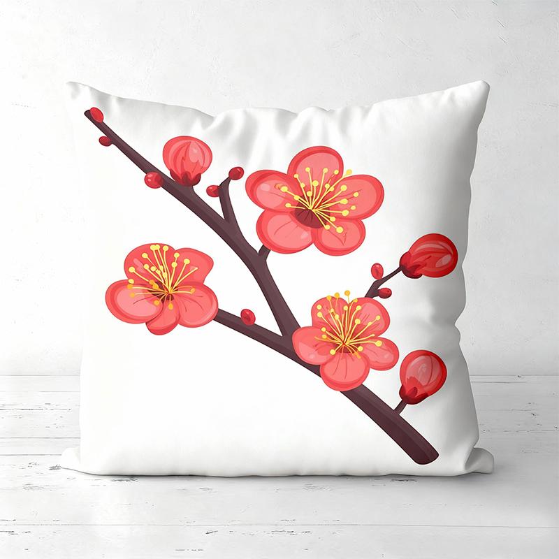 Red Plum Blossom Patterned White Cushion Pillow Covers Polyester pillowcase, sofa decorative cushion cov Headboard Pillow