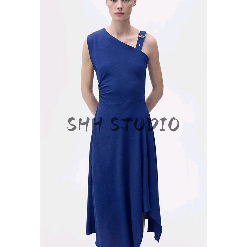 Summer New Arrival Women's Clothing Fashion Style A- Line Asymmetric Buckle Oblique Shoulder Strap Dress 87017194