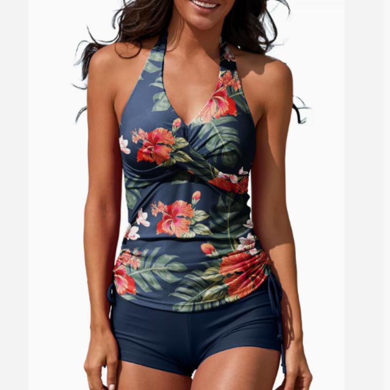 Klassische schwarze Neckholder-Tankini-Sets mit Kordelzug, gerüschter Criss Cross Center Core Top Boxershorts-Badeanzug, Damen-Bademode und -Kleidung