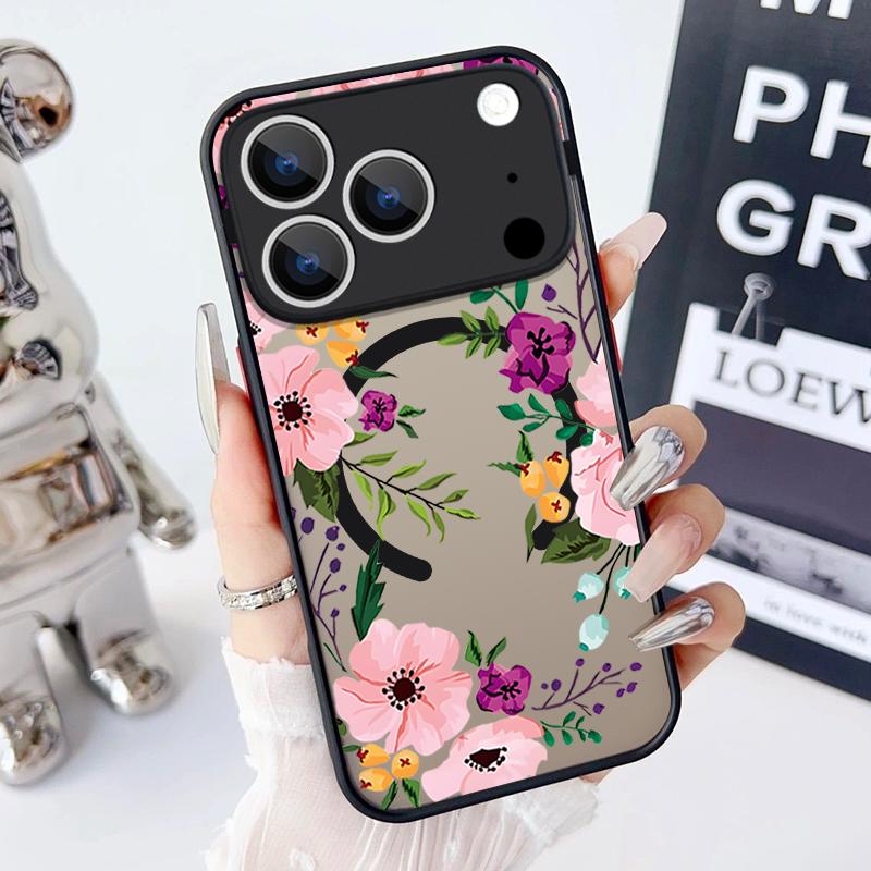Magnetic Colorful Flower Phone Case For iPhone 17 15 16 Pro Max 14 13 Pro 17 For Magsafe Wireless Charge Soft Edge Hard PC Cover