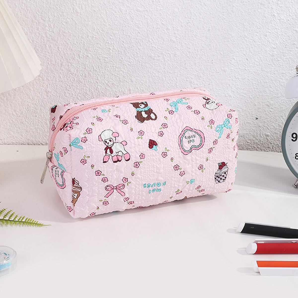 

1PC Cute Large Capacity Pencil Case Floral Bow Print Portable Stationery Storage Pouch Zipper Pen Bag School Supplies Gift рожевий
