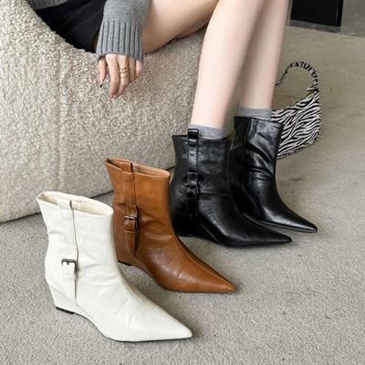 Autumn and Winter New Pointed Slope Heel Flat Bottom French Fashion Sexy Beautiful Women Short Boots